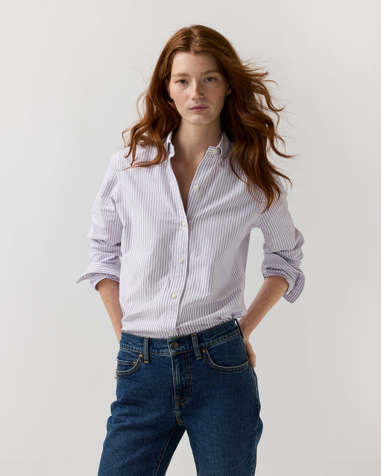 Schoolgirl Shirt in Lavender/White Bengal Stripe Oxford