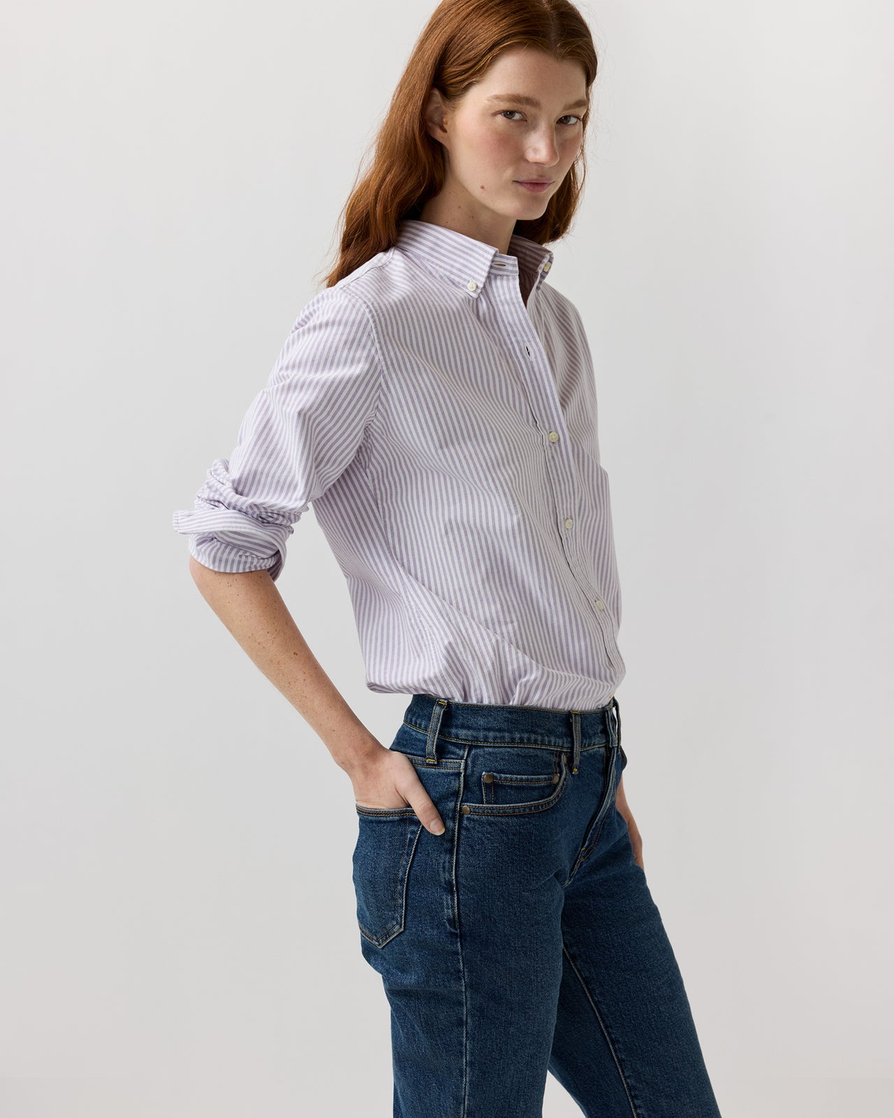 Schoolgirl Shirt in Lavender/White Bengal Stripe Oxford