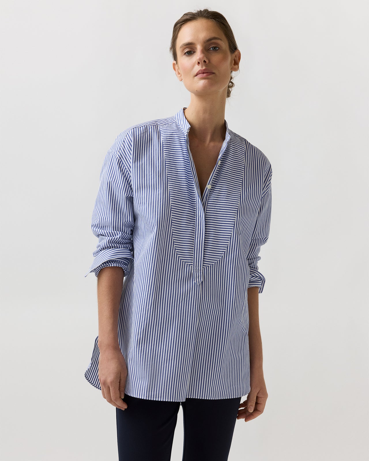 Christiane Bib-Front Tunic in Blue/White Bengal Stripe Compact Cotton