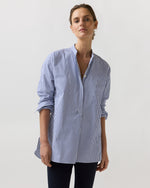 Load image into Gallery viewer, Christiane Bib-Front Tunic in Blue/White Bengal Stripe Compact Cotton
