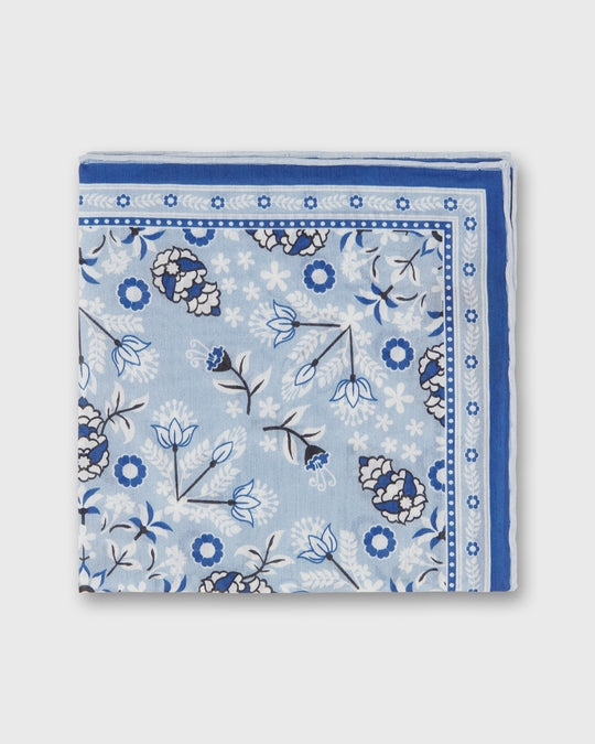 Hand-Rolled Silk/Cotton Print Pocket Square in Sky/Harbour/Chalk Floral