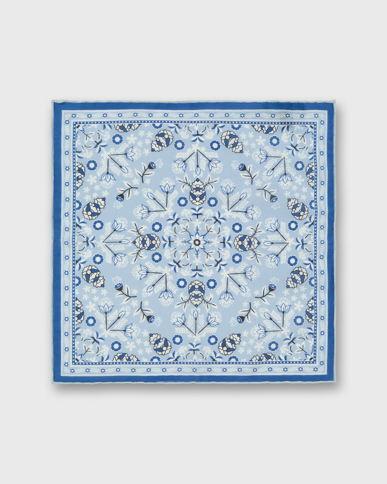 Hand-Rolled Silk/Cotton Print Pocket Square in Sky/Harbour/Chalk Floral