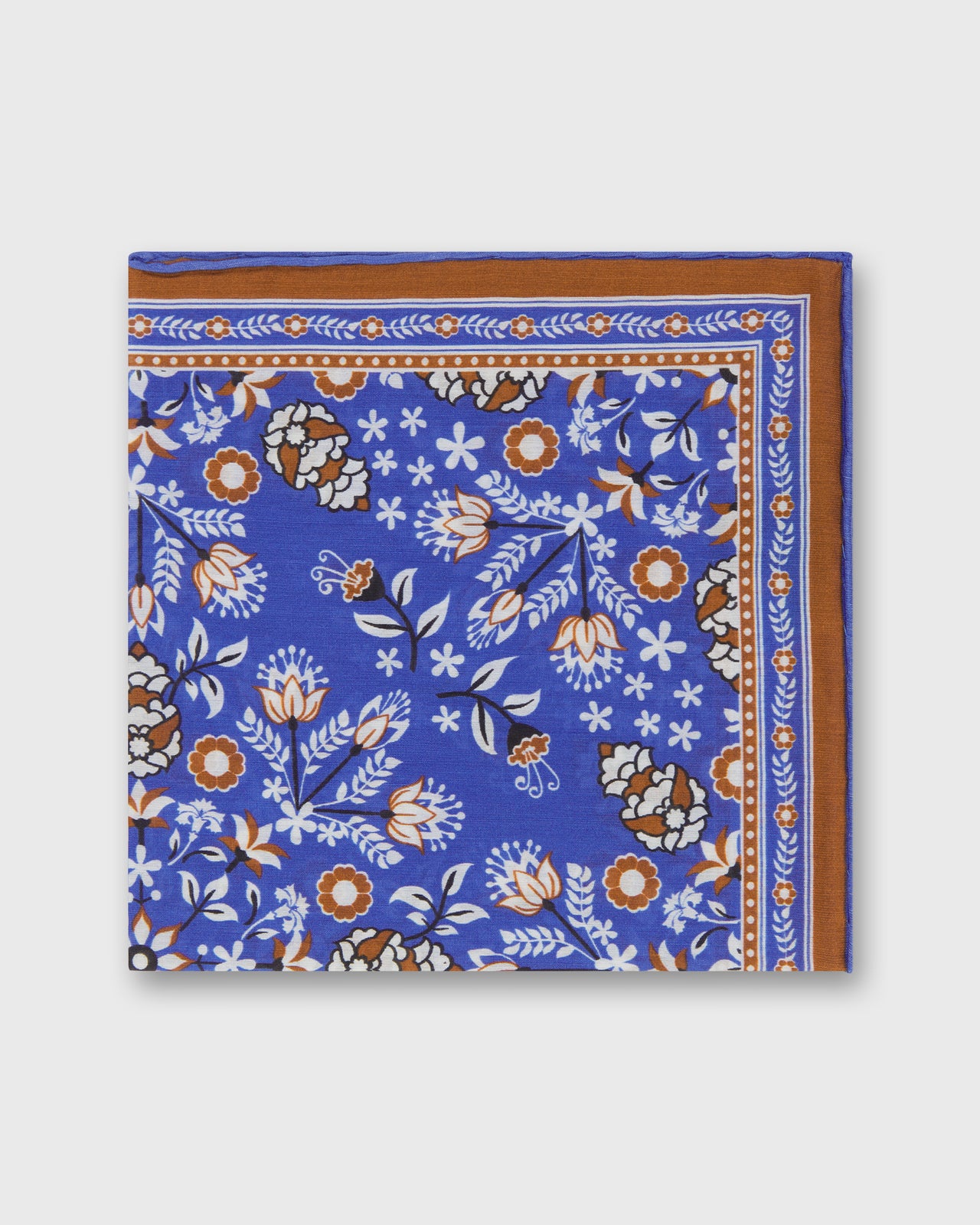 Hand-Rolled Silk/Cotton Print Pocket Square in Blue/Umber/Chalk Floral