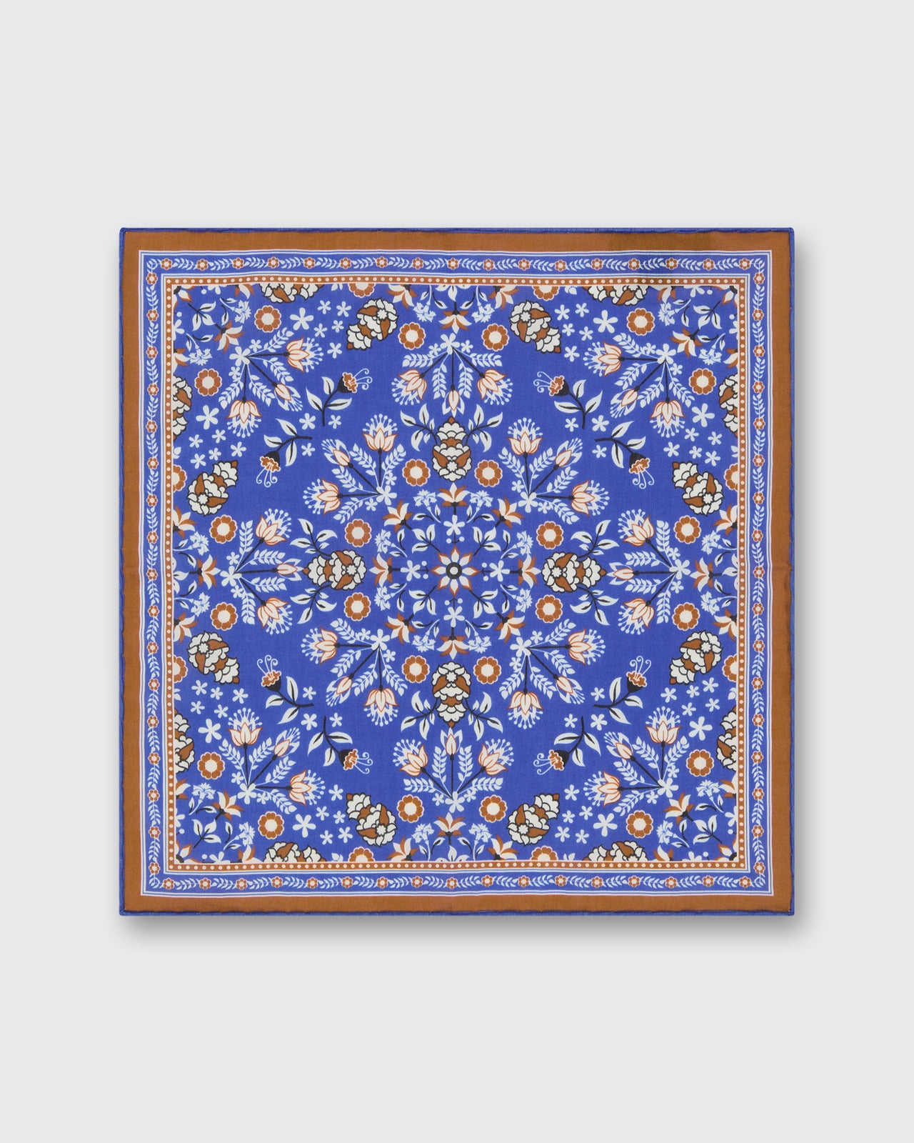 Hand-Rolled Silk/Cotton Print Pocket Square in Blue/Umber/Chalk Floral