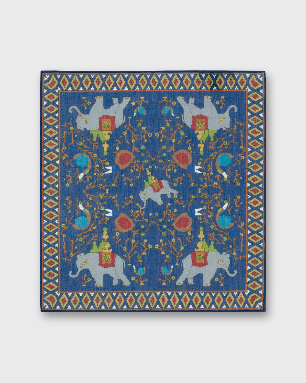 Hand-Rolled Cotton Print Pocket Square in Blue/Red Elephant