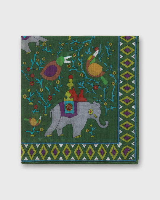 Hand-Rolled Cotton Print Pocket Square in Green/Purple Elephant
