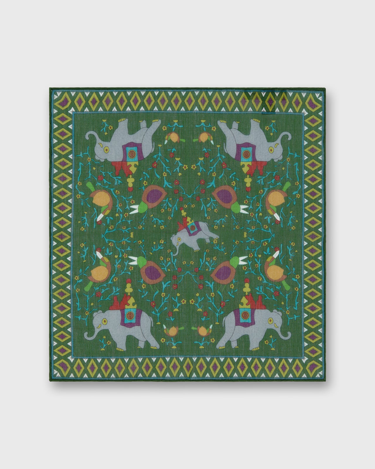 Hand-Rolled Cotton Print Pocket Square in Green/Purple Elephant