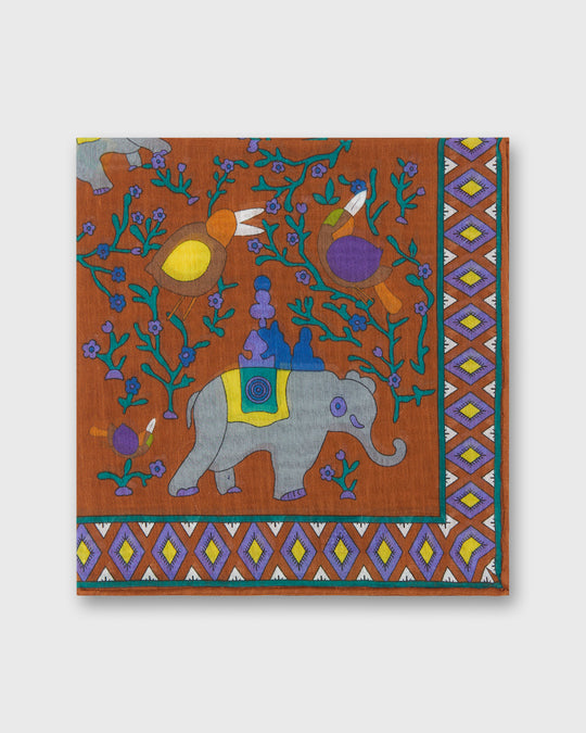Hand-Rolled Cotton Print Pocket Square in Orange/Blue Elephant