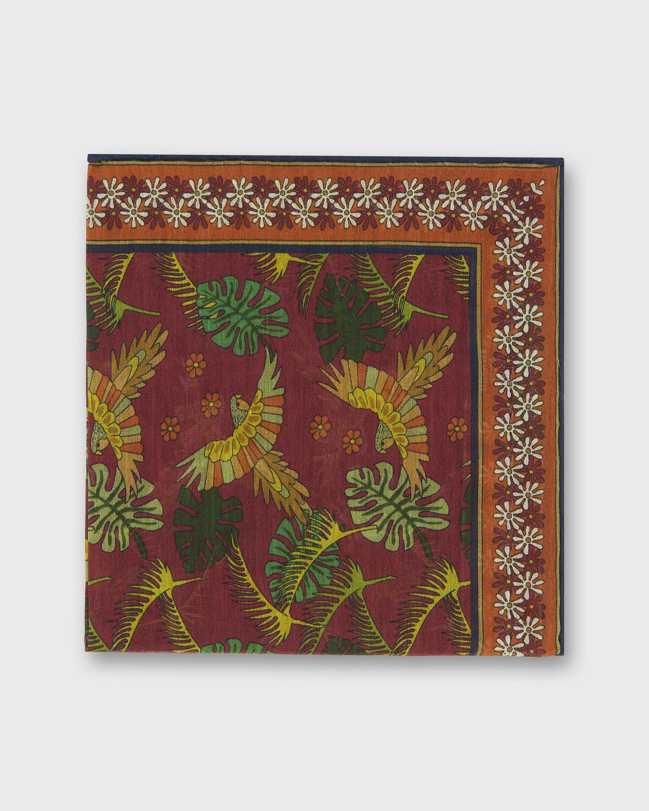 Hand-Rolled Cotton Print Pocket Square in Berry/Orange Tropical Bird