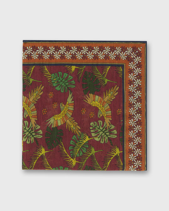 Hand-Rolled Cotton Print Pocket Square in Berry/Orange Tropical Bird