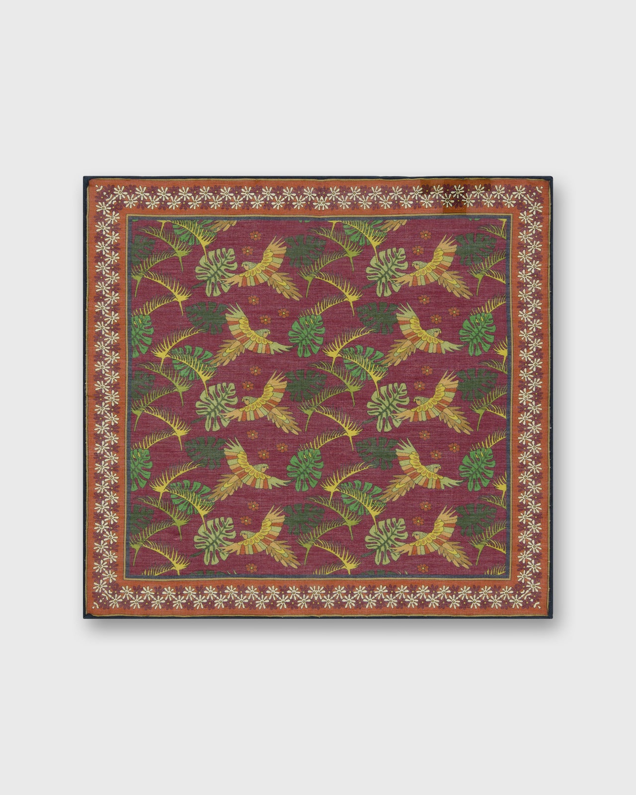 Hand-Rolled Cotton Print Pocket Square in Berry/Orange Tropical Bird