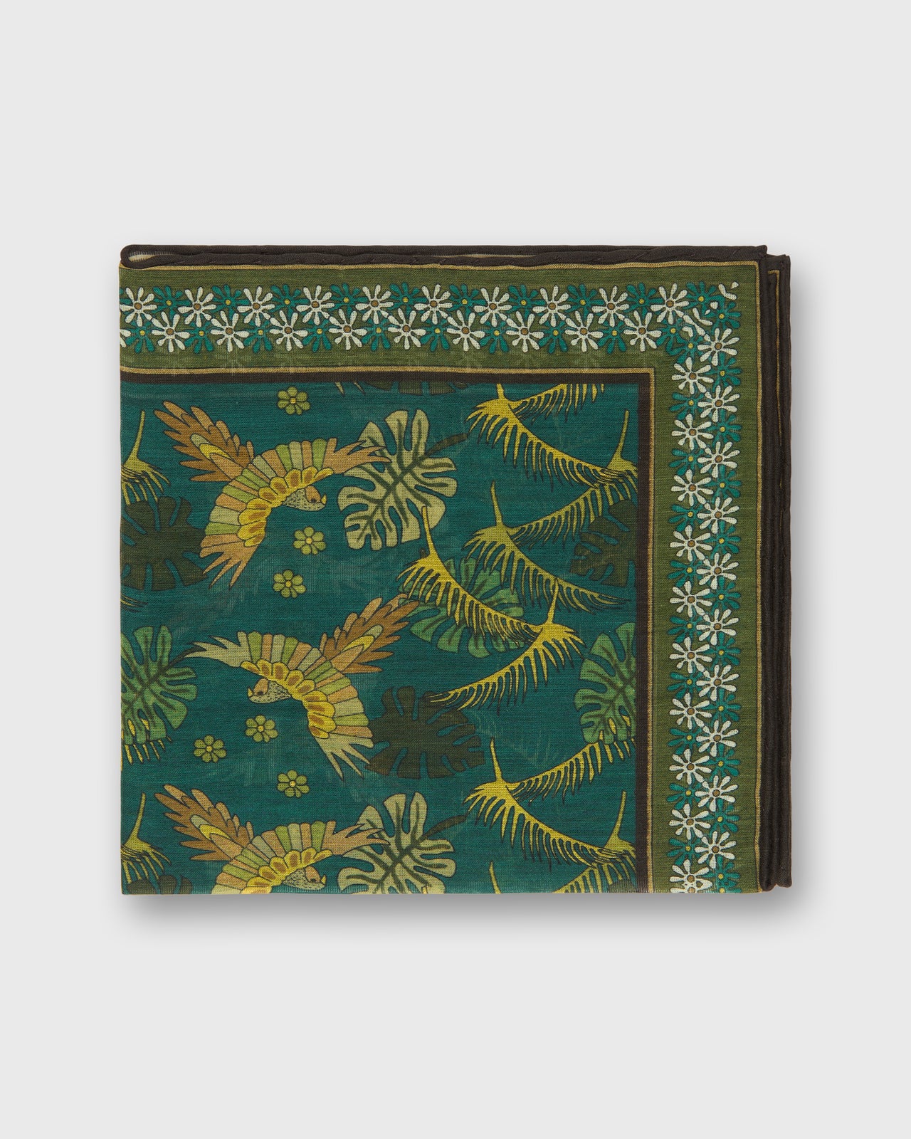 Hand-Rolled Cotton Print Pocket Square in Green/Brown Tropical Bird Scene
