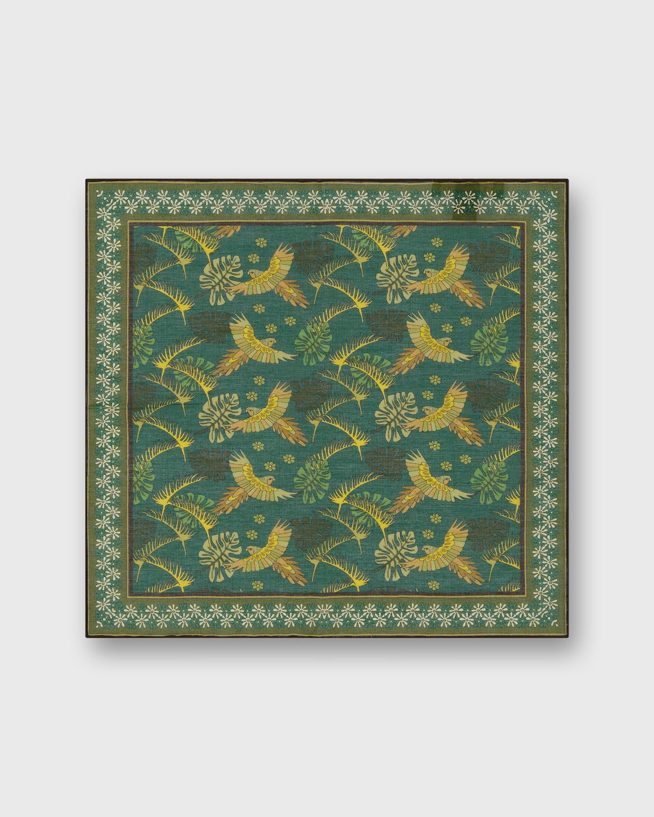 Hand-Rolled Cotton Print Pocket Square in Green/Brown Tropical Bird Scene