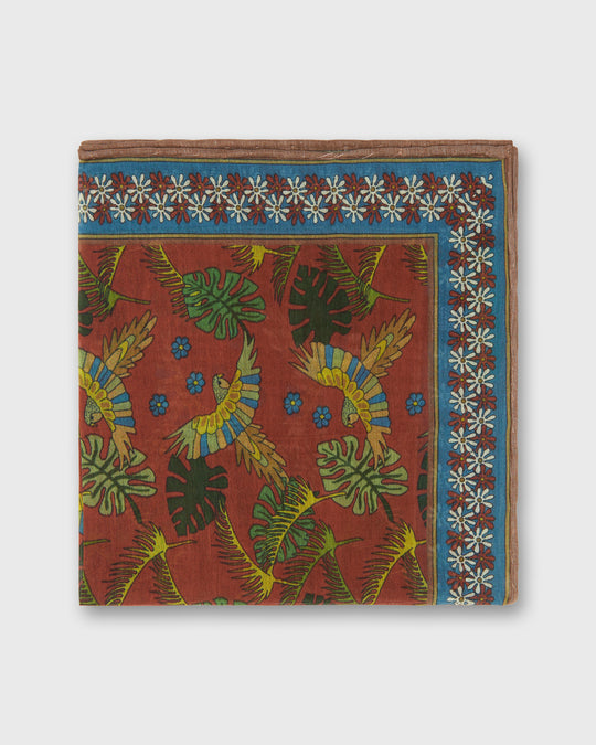 Hand-Rolled Cotton Print Pocket Square in Orange/Pink Tropical Bird