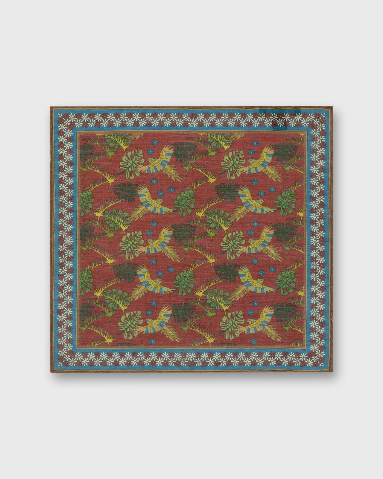Hand-Rolled Cotton Print Pocket Square in Orange/Pink Tropical Bird
