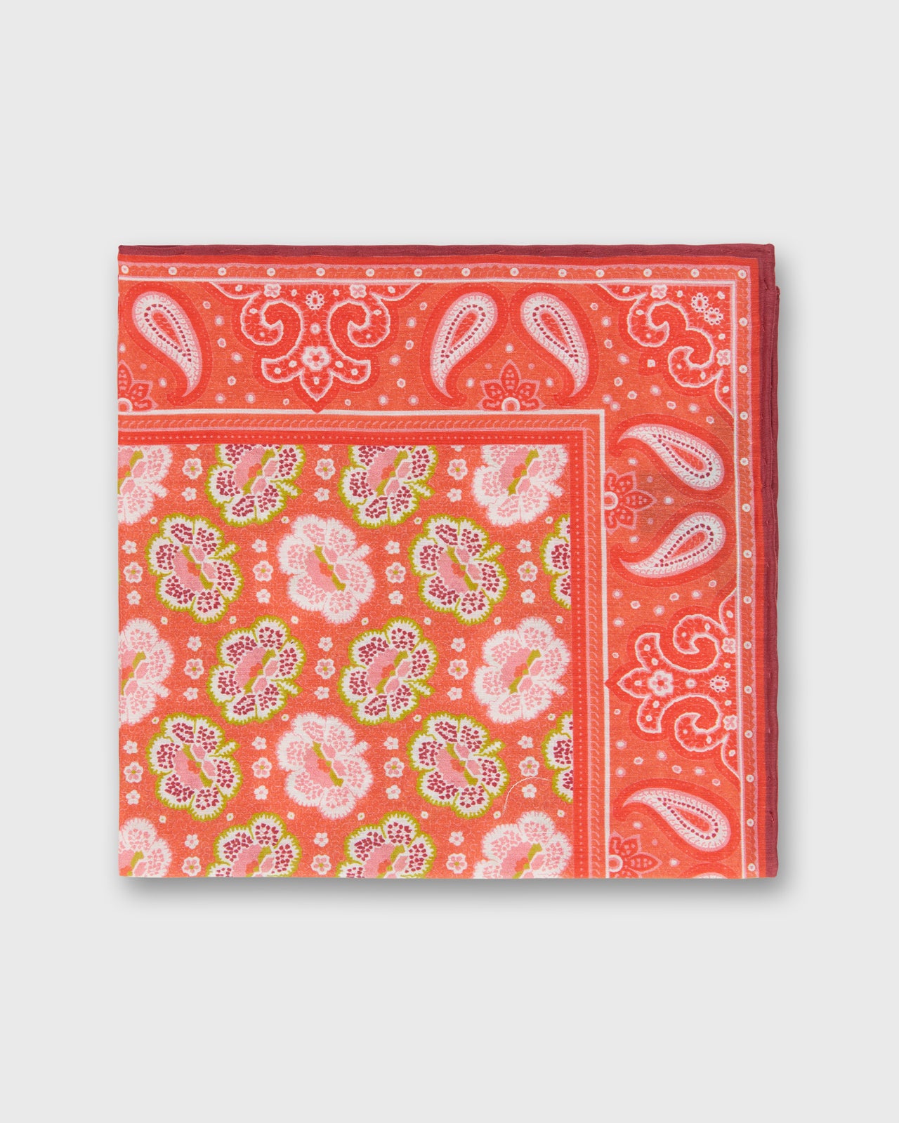 Hand-Rolled Silk/Cotton Print Pocket Square in Red/Pink Floral Bandana Print