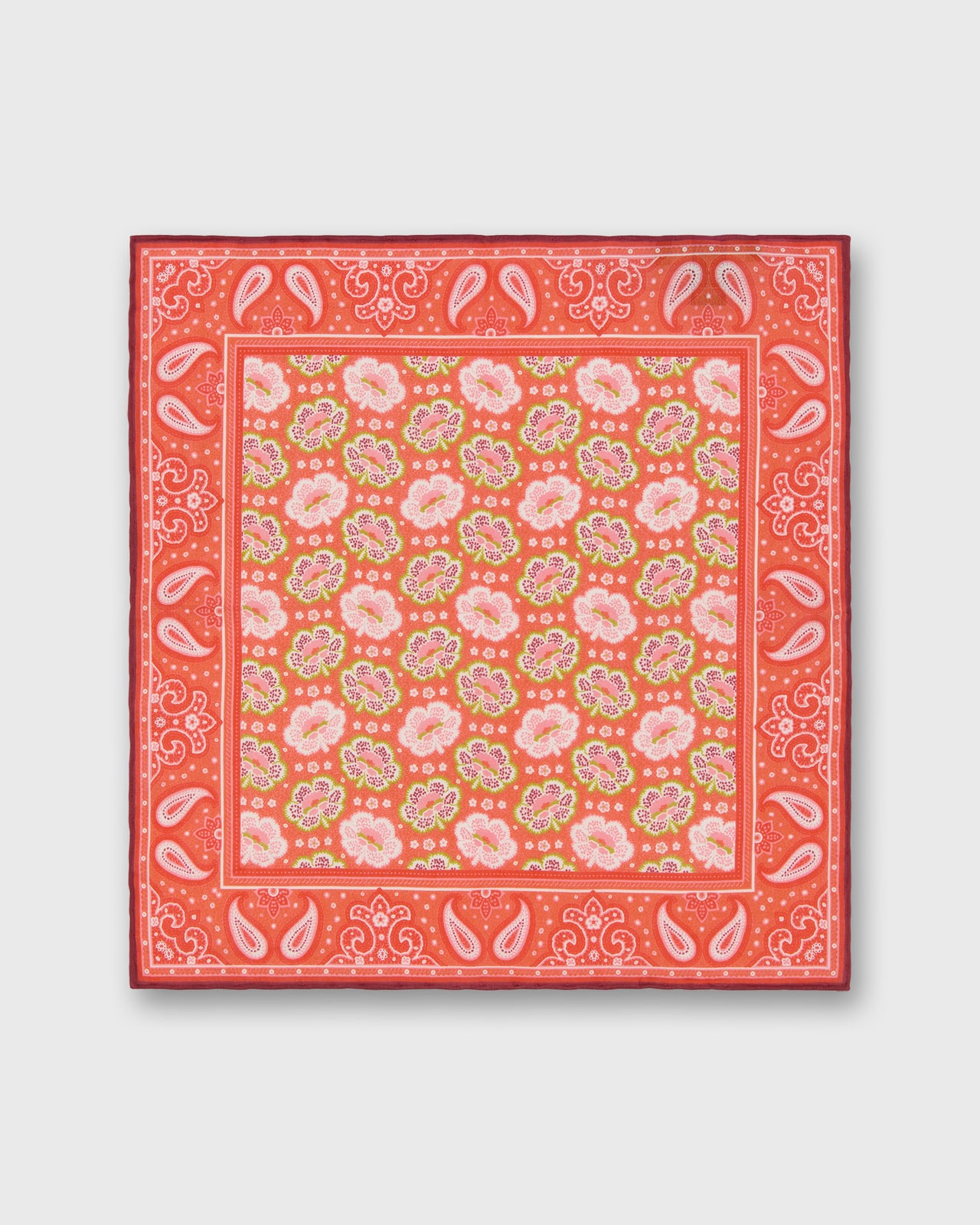 Hand-Rolled Silk/Cotton Print Pocket Square in Red/Pink Floral Bandana Print