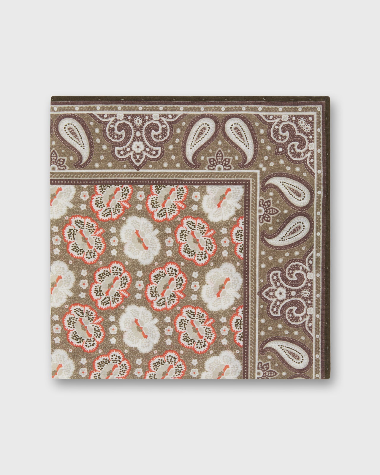 Hand-Rolled Silk/Cotton Print Pocket Square in Smoke/Chalk Floral Bandana Print