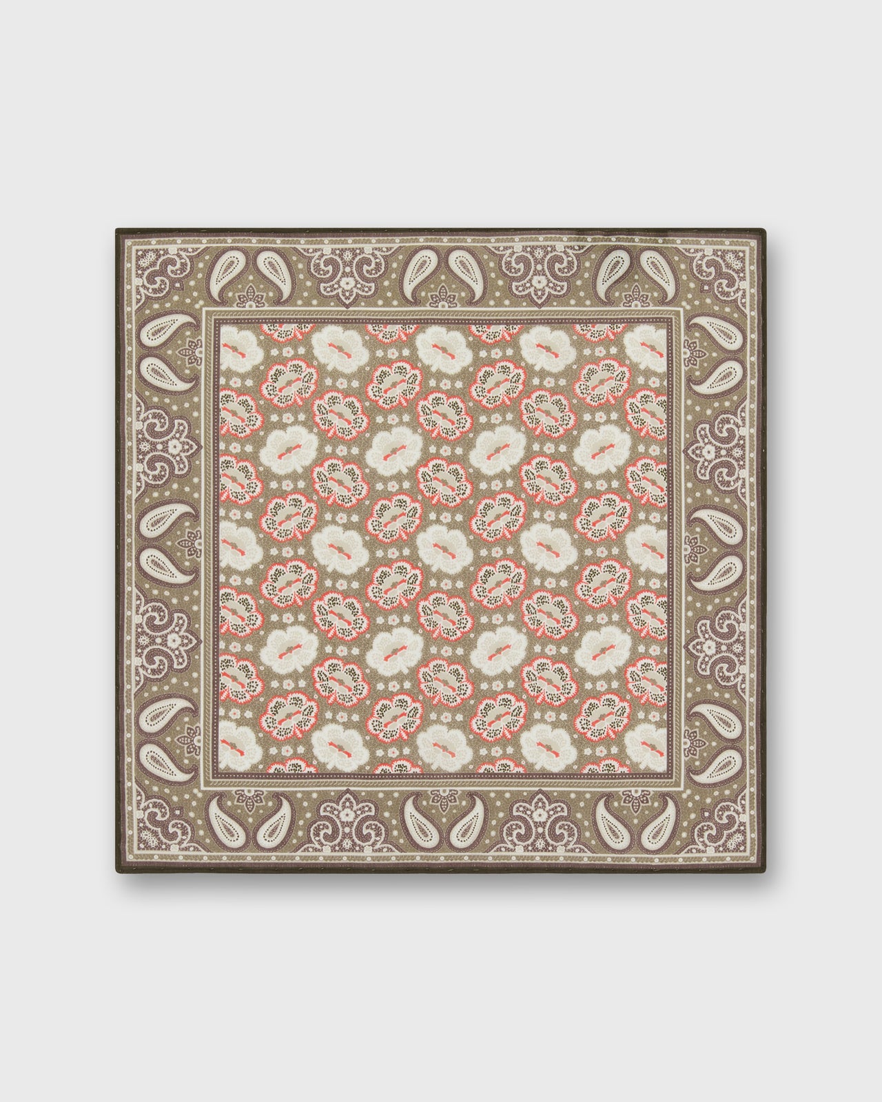 Hand-Rolled Silk/Cotton Print Pocket Square in Smoke/Chalk Floral Bandana Print