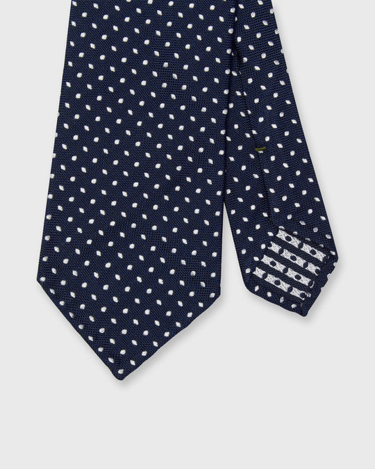 Hand-Rolled Silk Woven Tie in Navy/Fog Pin Dot