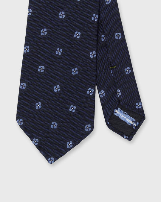 Hand-Rolled Silk/Cotton Mogador Tie in Navy/French Blue Clover Dot