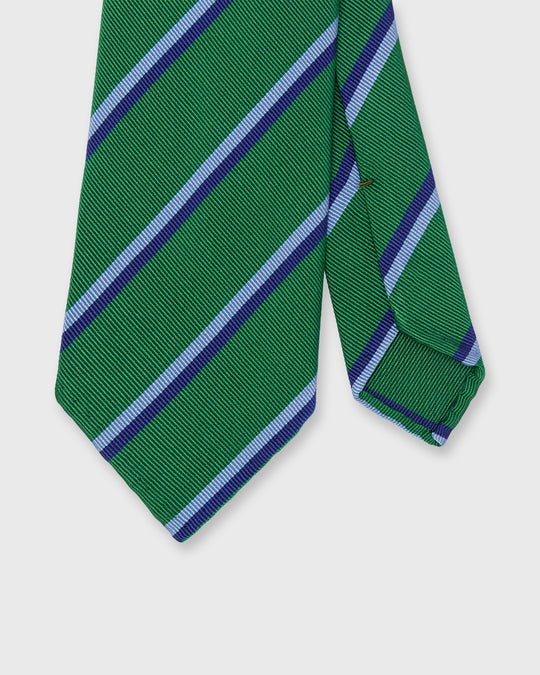 Hand-Rolled Silk/Cotton Mogador Tie in Green/Sky/Blue Stripe