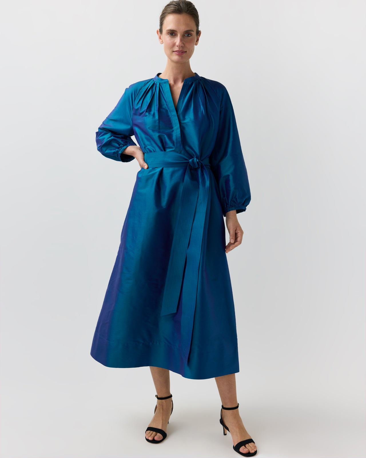 Sienna Midi Dress in Marine Silk Shantung