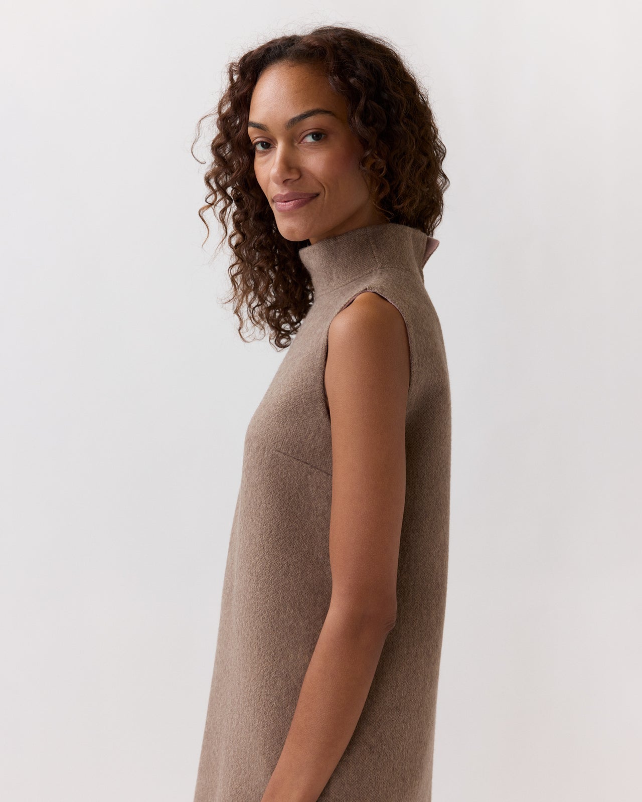 Sleeveless Ana Dress in Mink/Light Pink Double-Faced Melton