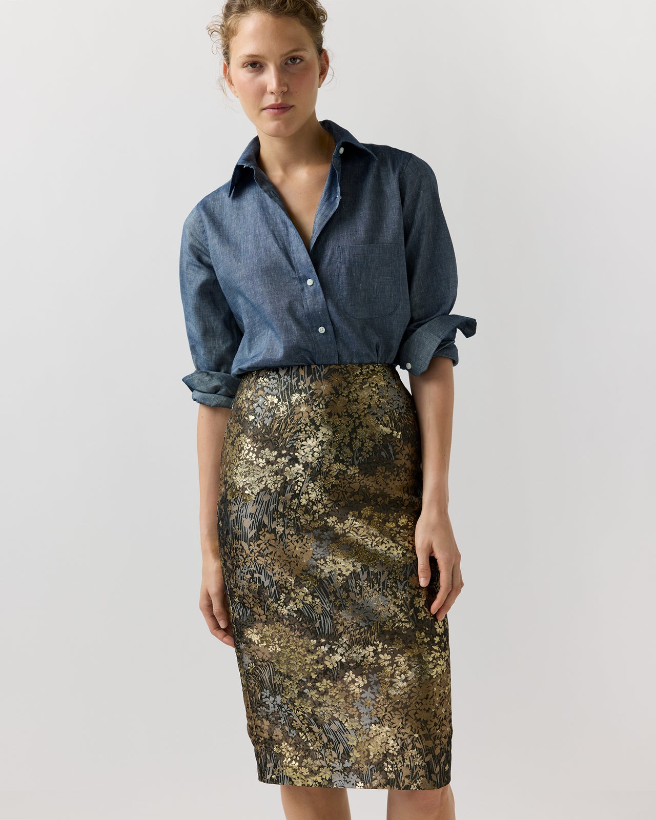 Aurora Skirt in Brown/Gold Metallic Floral Jacquard