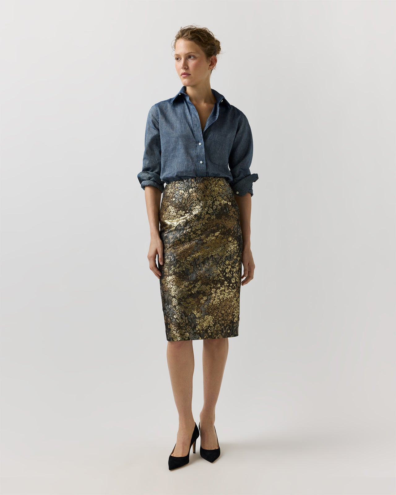 Aurora Skirt in Brown/Gold Metallic Floral Jacquard