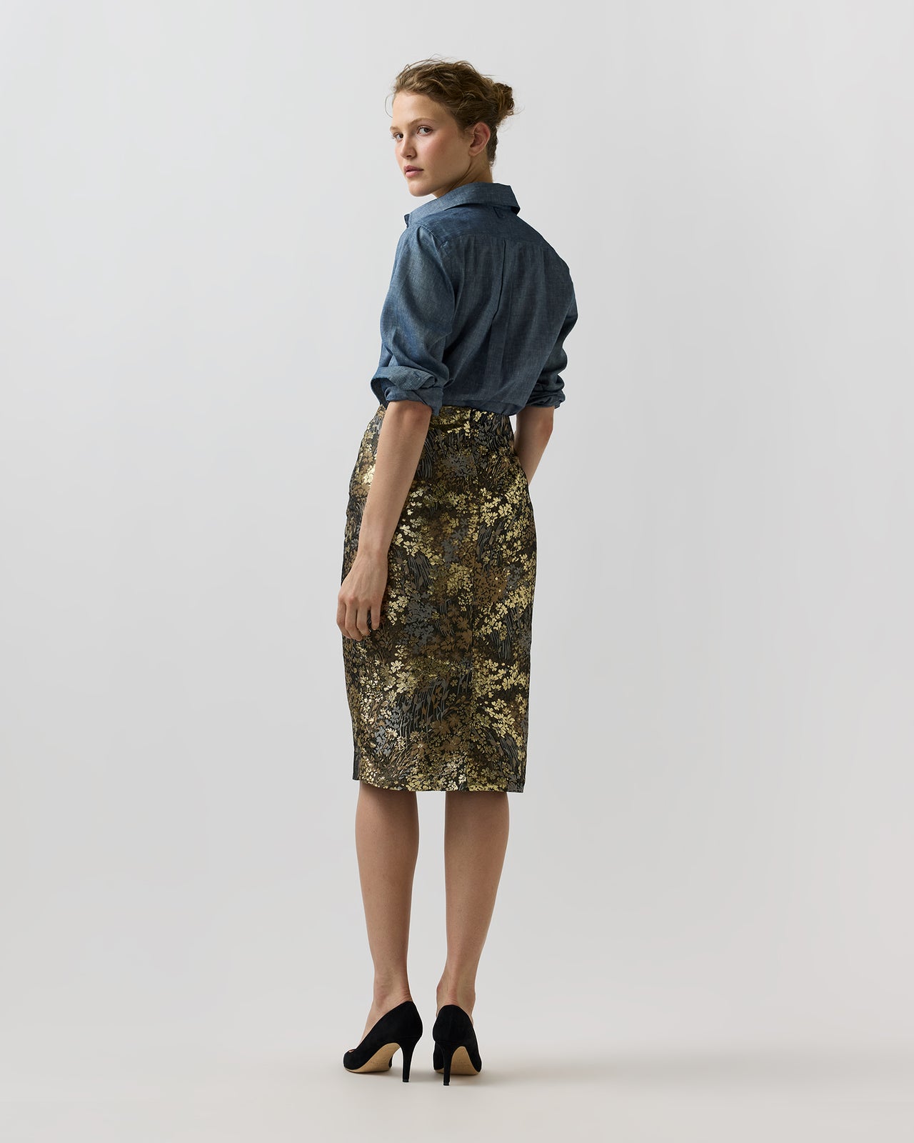 Aurora Skirt in Brown/Gold Metallic Floral Jacquard