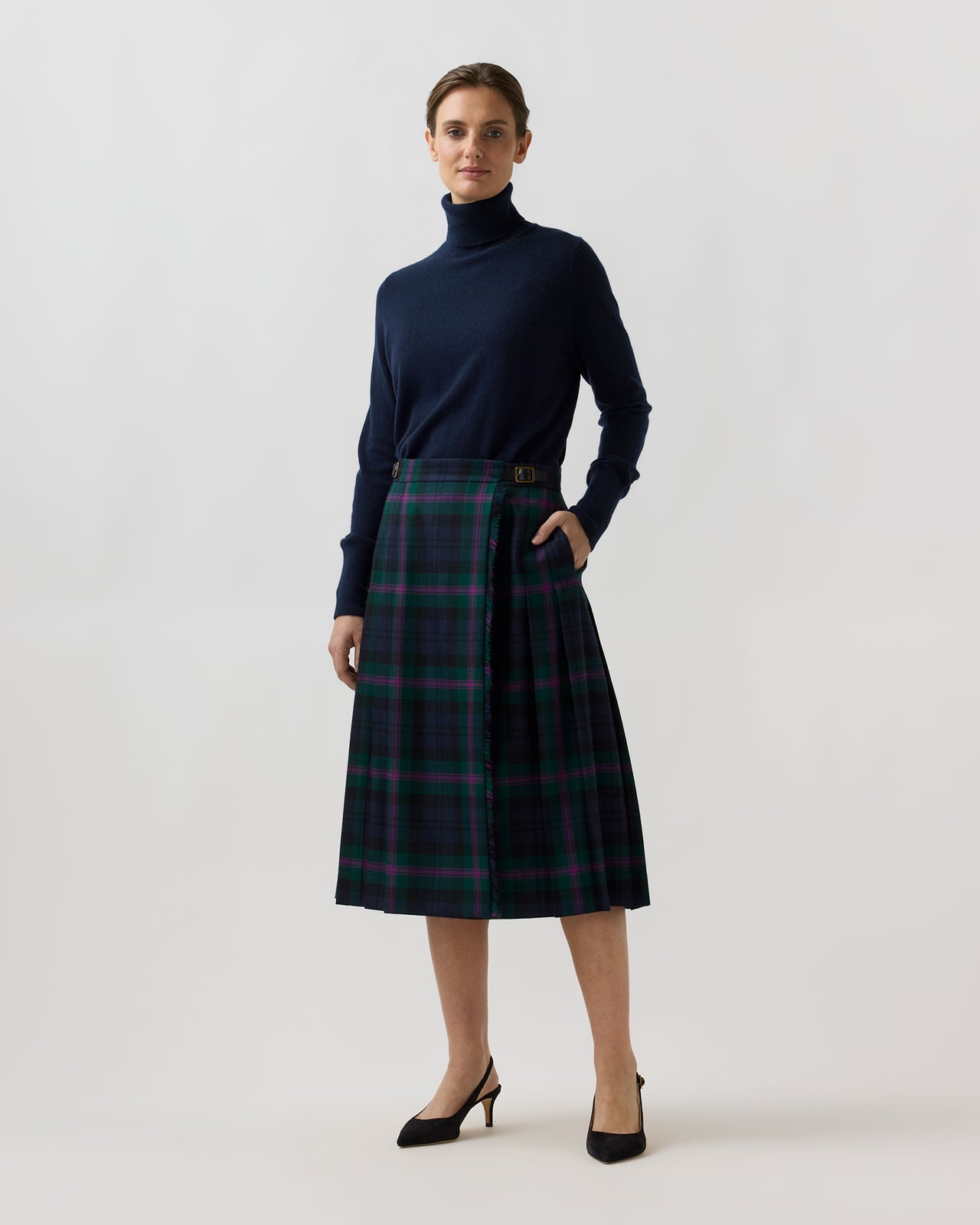 Kilt Skirt in Navy/Hunter/Magenta Baird Modern Tartan Wool