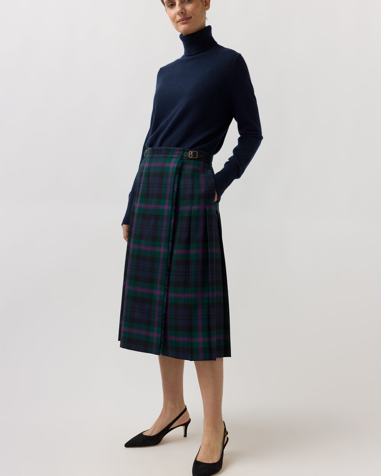 Kilt Skirt in Navy/Hunter/Magenta Baird Modern Tartan Wool