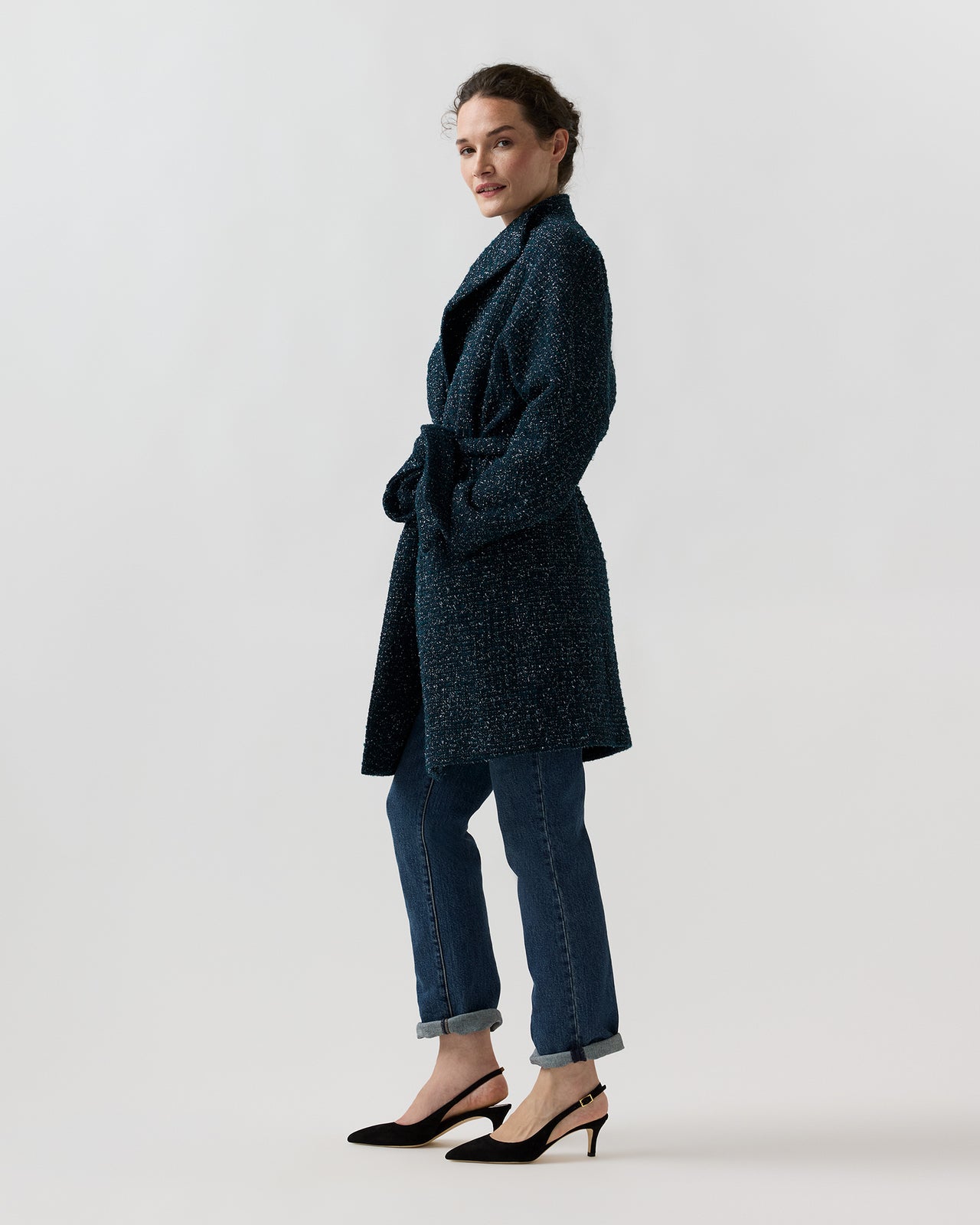 Kimono Carina Coat in Navy/Mallard Sparkle Tweed