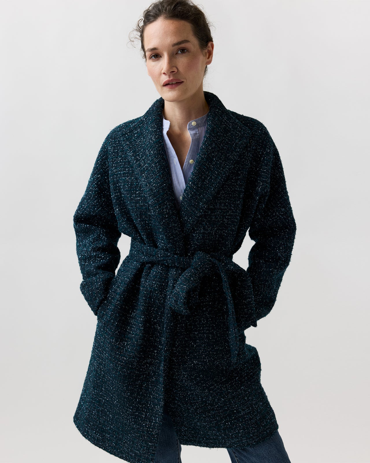 Kimono Carina Coat in Navy/Mallard Sparkle Tweed