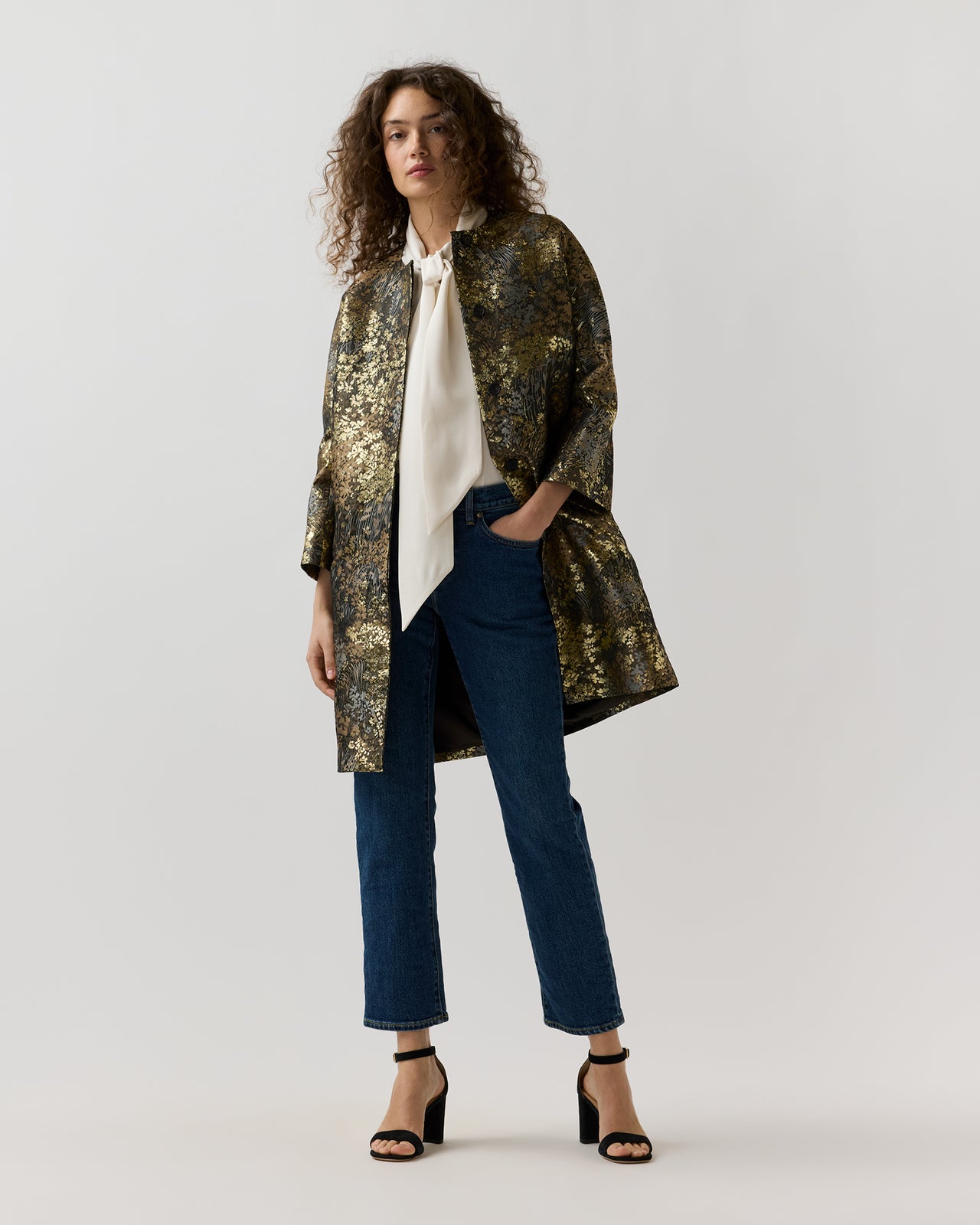 Reed Evening Coat in Brown/Gold Metallic Floral Jacquard
