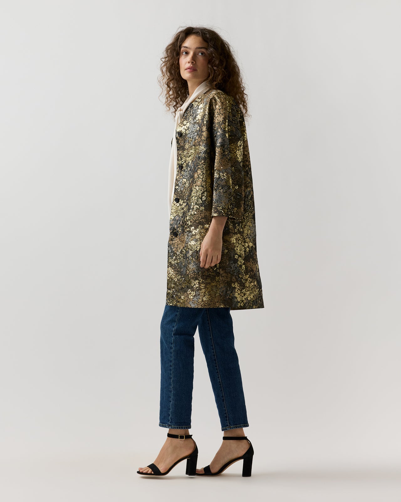 Reed Evening Coat in Brown/Gold Metallic Floral Jacquard