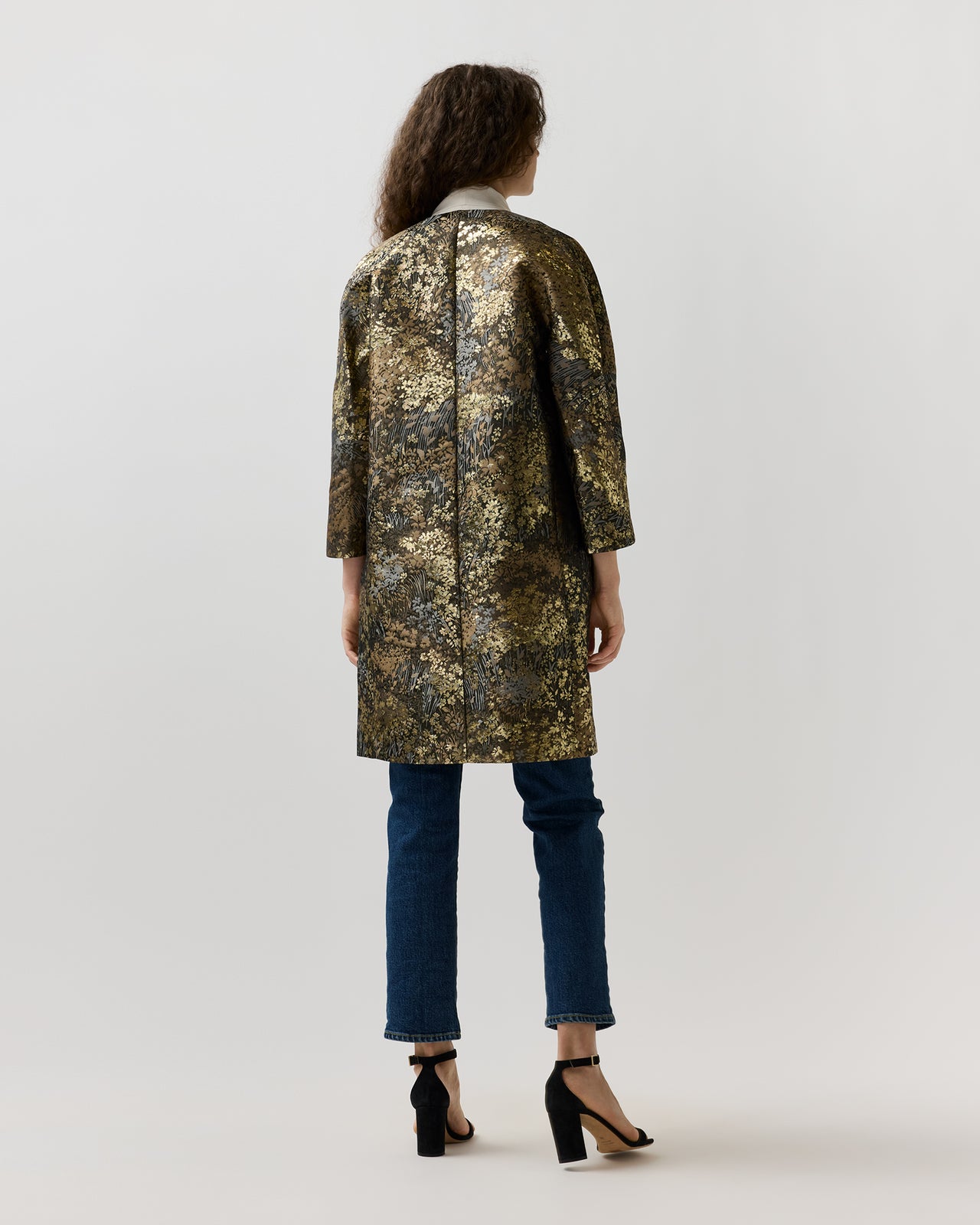 Reed Evening Coat in Brown/Gold Metallic Floral Jacquard