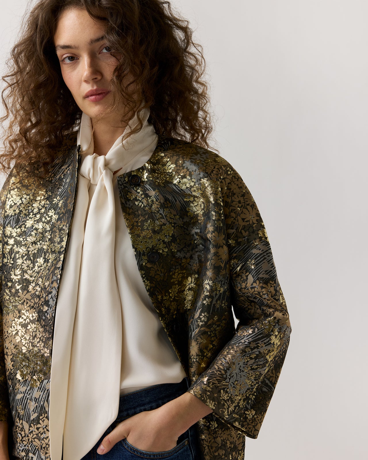 Reed Evening Coat in Brown/Gold Metallic Floral Jacquard