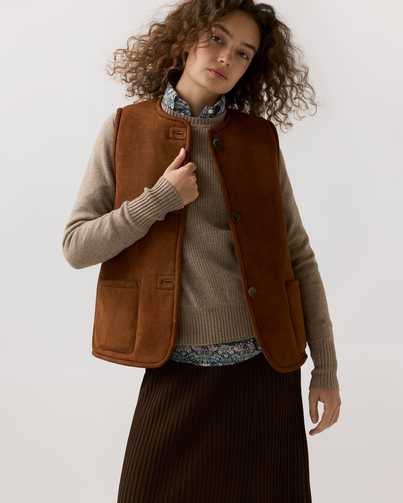 Reversible Sasha Vest in Brown Lamb Suede/Shearling