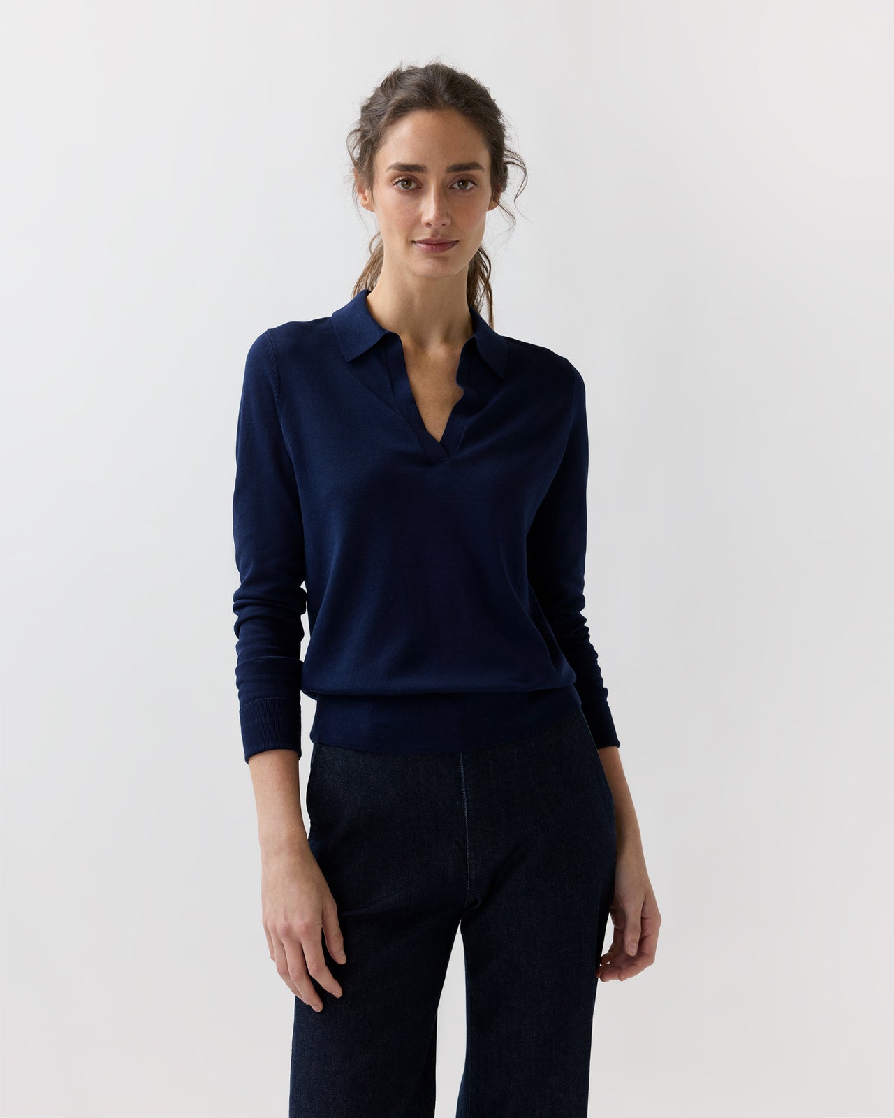 Alida Johnny-Collar Sweater in Navy Ice Cotton