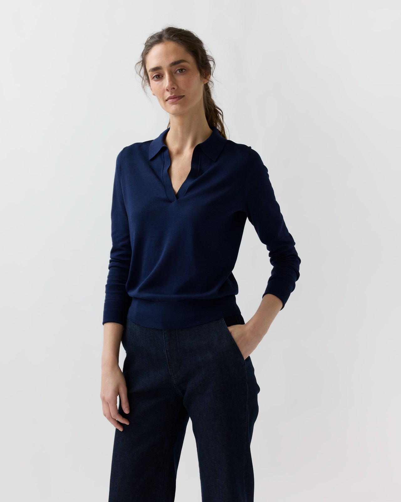 Alida Johnny-Collar Sweater in Navy Ice Cotton