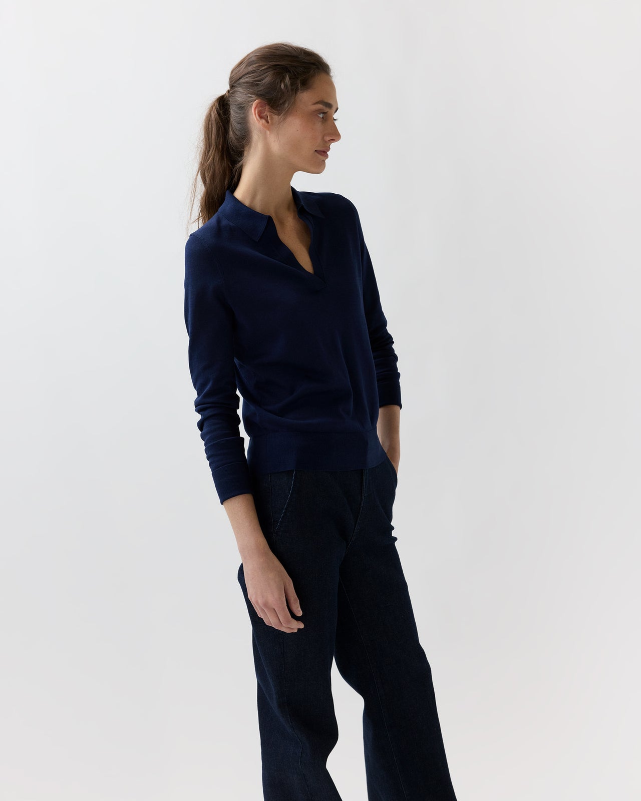 Alida Johnny-Collar Sweater in Navy Ice Cotton