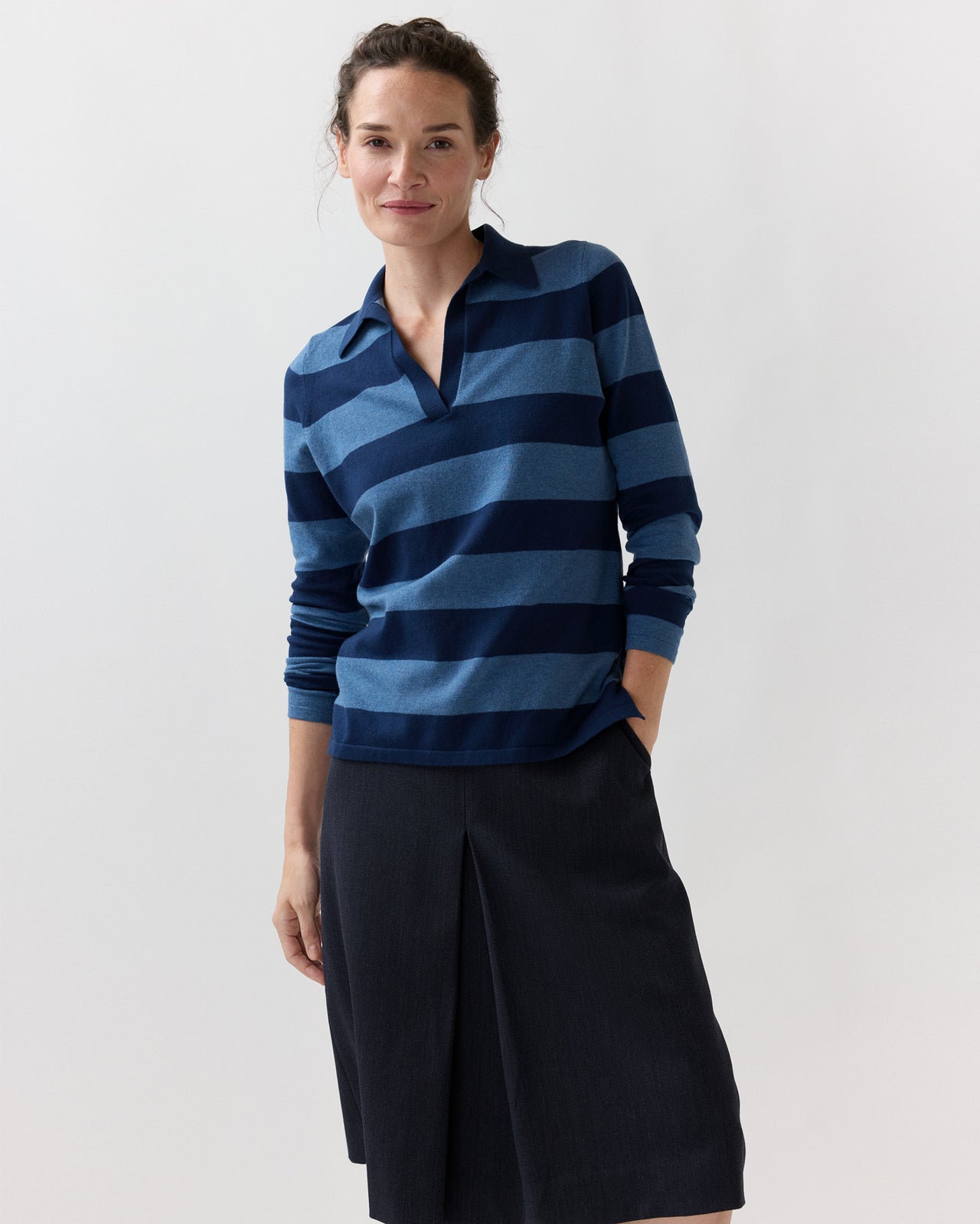Georgina Rugby Sweater in Airforce Blue/Navy Stripe Cotton/Silk