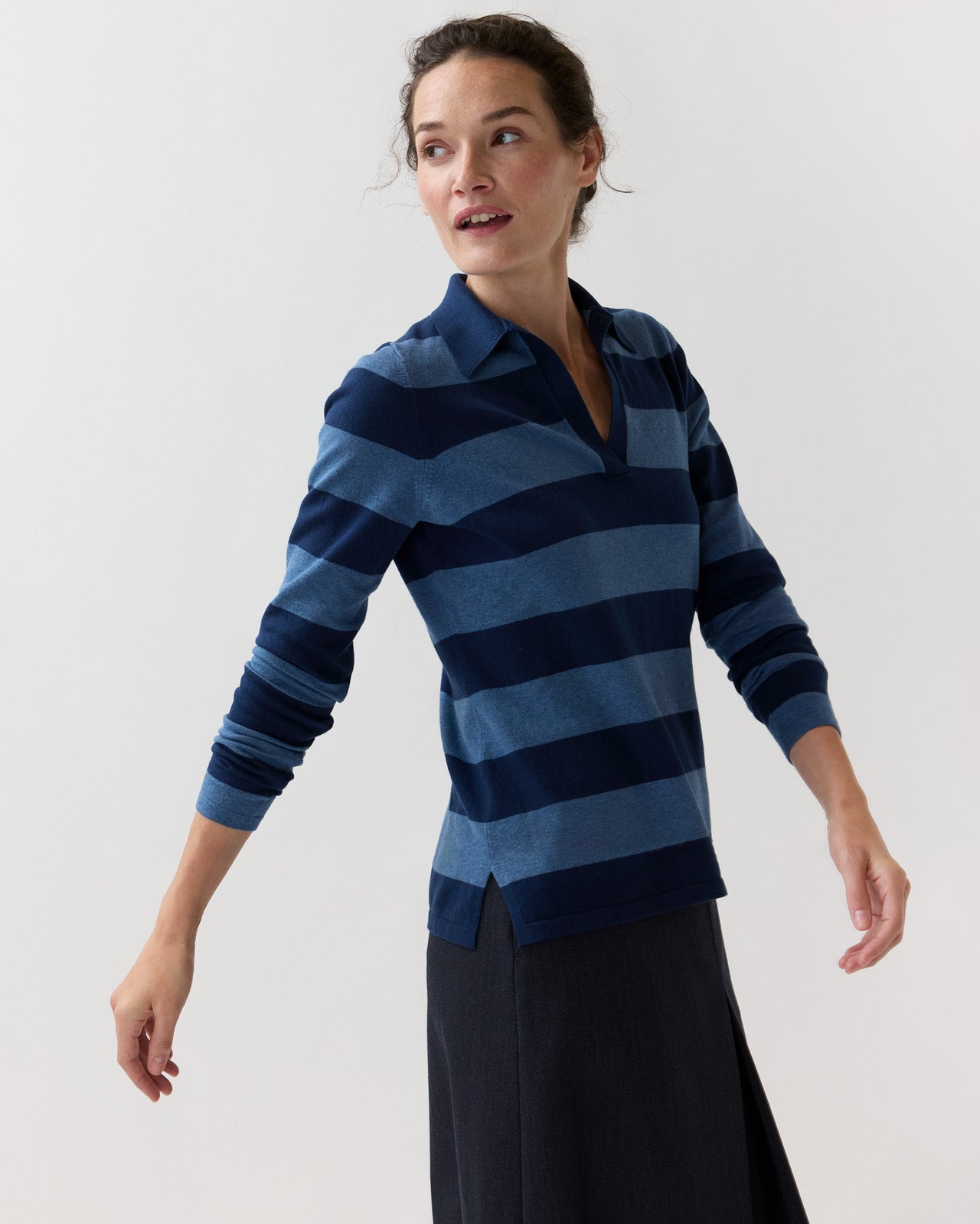 Georgina Rugby Sweater in Airforce Blue/Navy Stripe Cotton/Silk