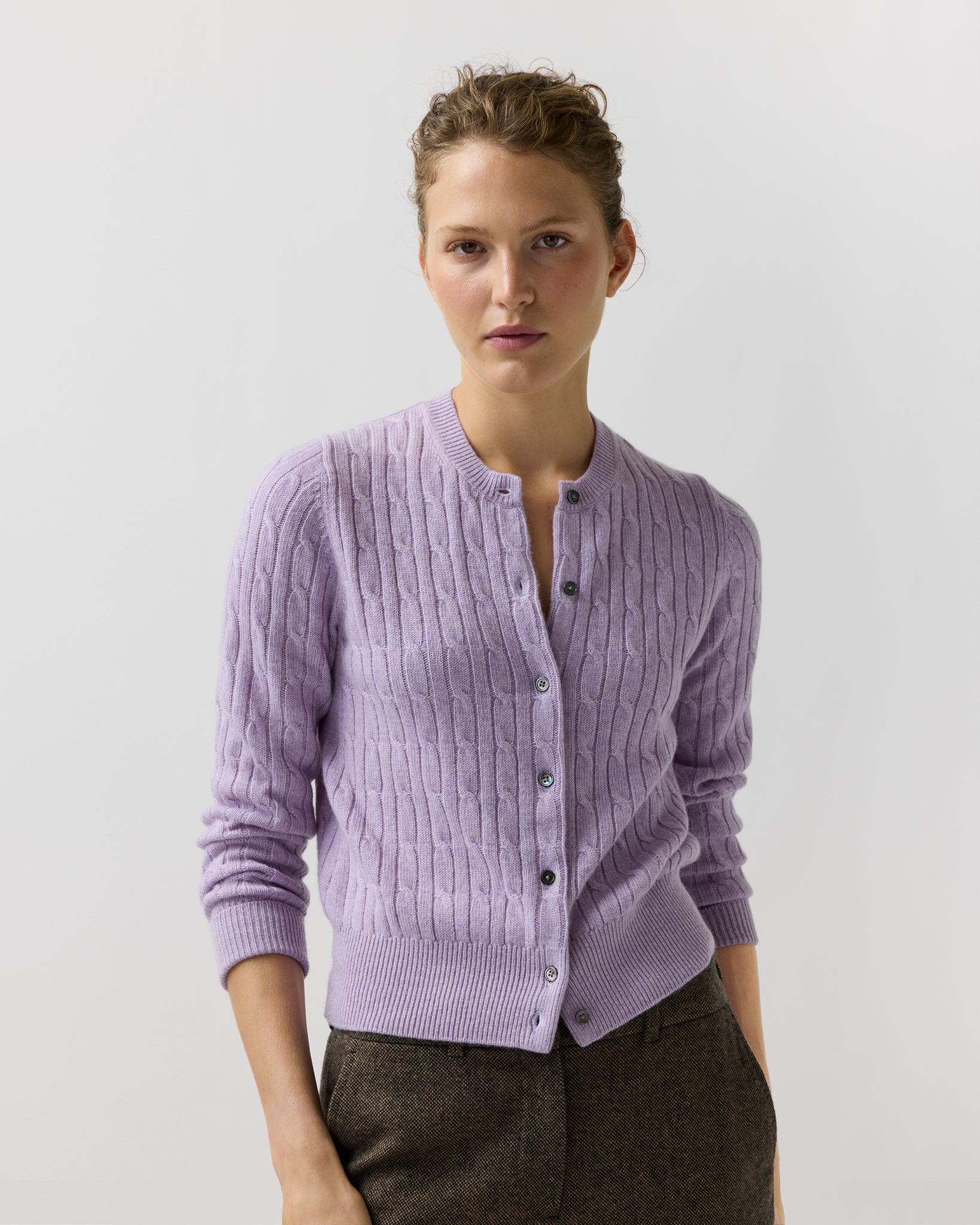 Rosie Cable Cardigan in Heather Lavender Cashmere | Shop Ann Mashburn