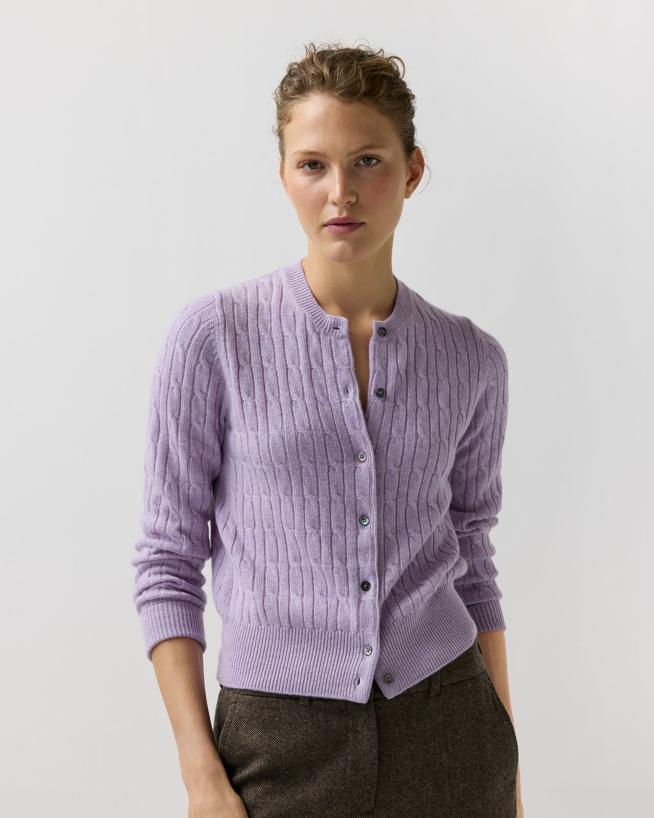 Rosie Cable Cardigan in Heather Lavender Cashmere