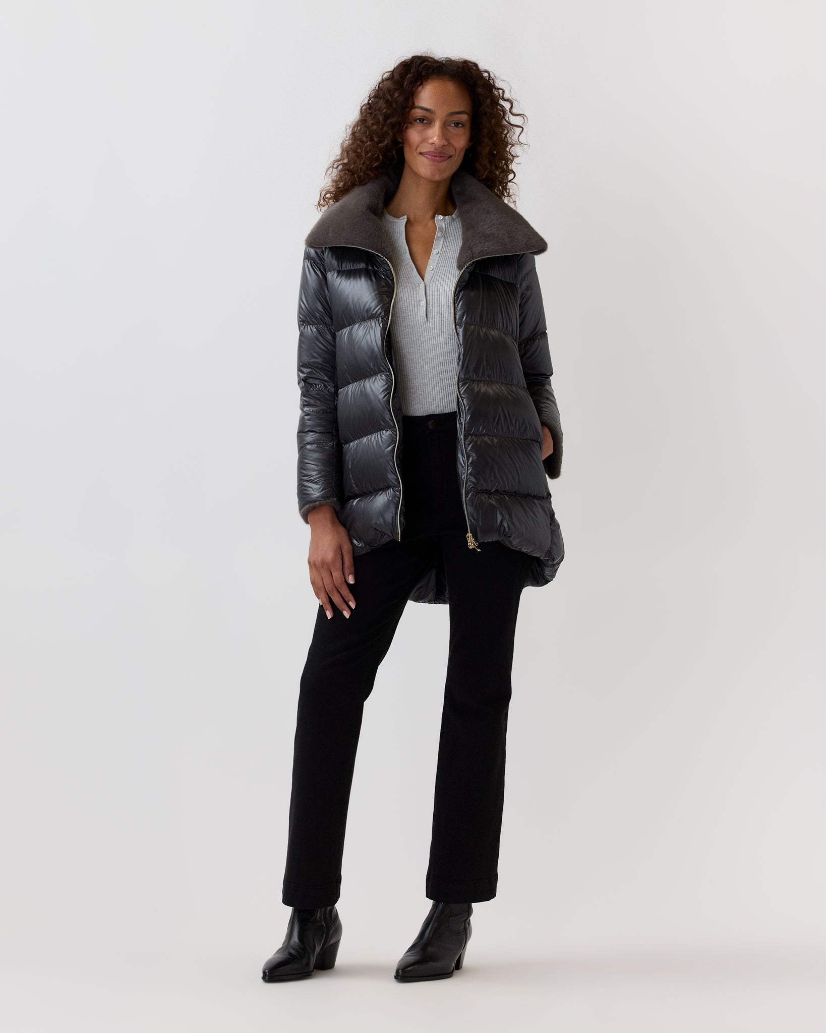 High-Low Coat With Faux-Fur Collar in Charcoal - Herno | Shop Ann