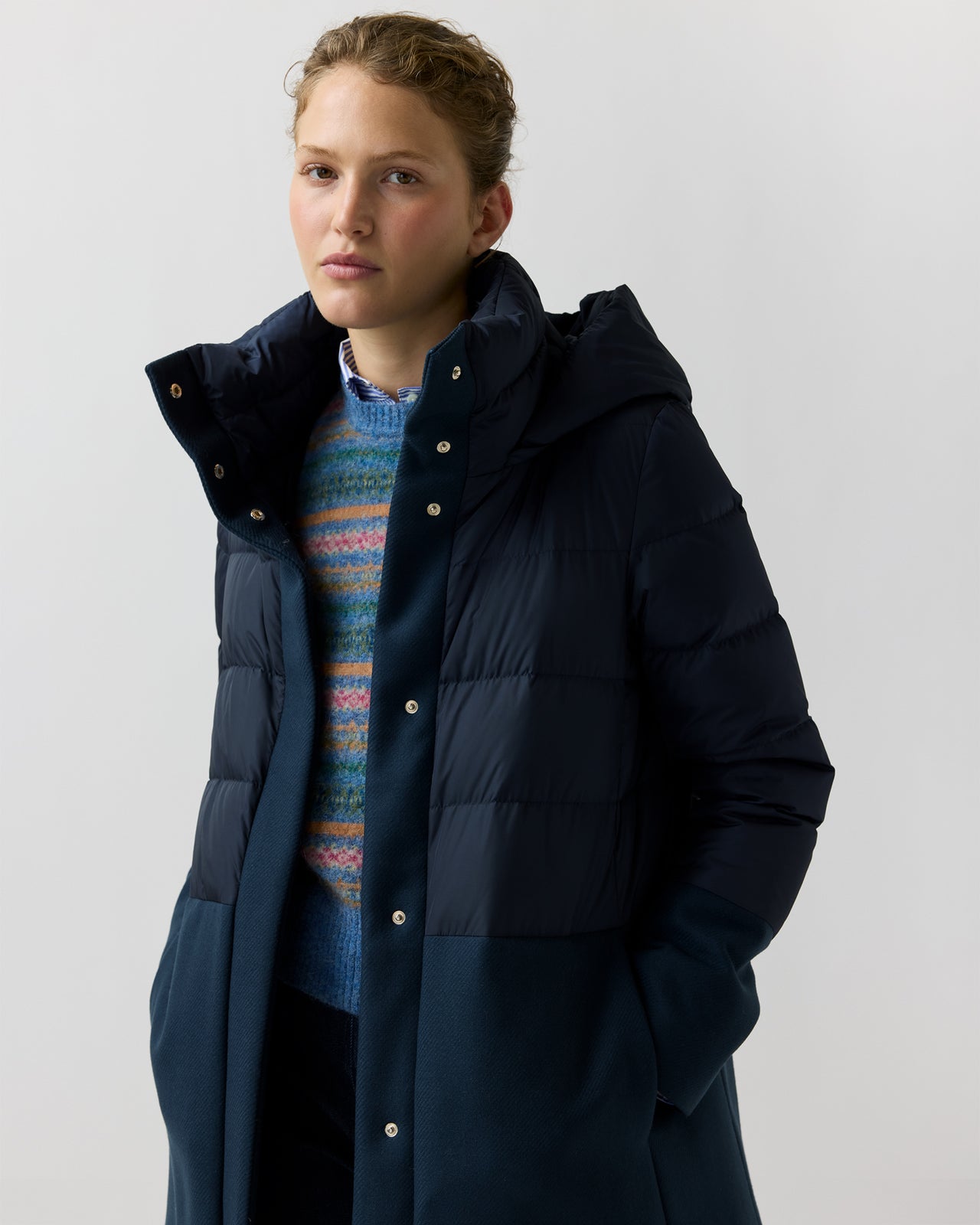 Mixed Media Long Puffer in Navy