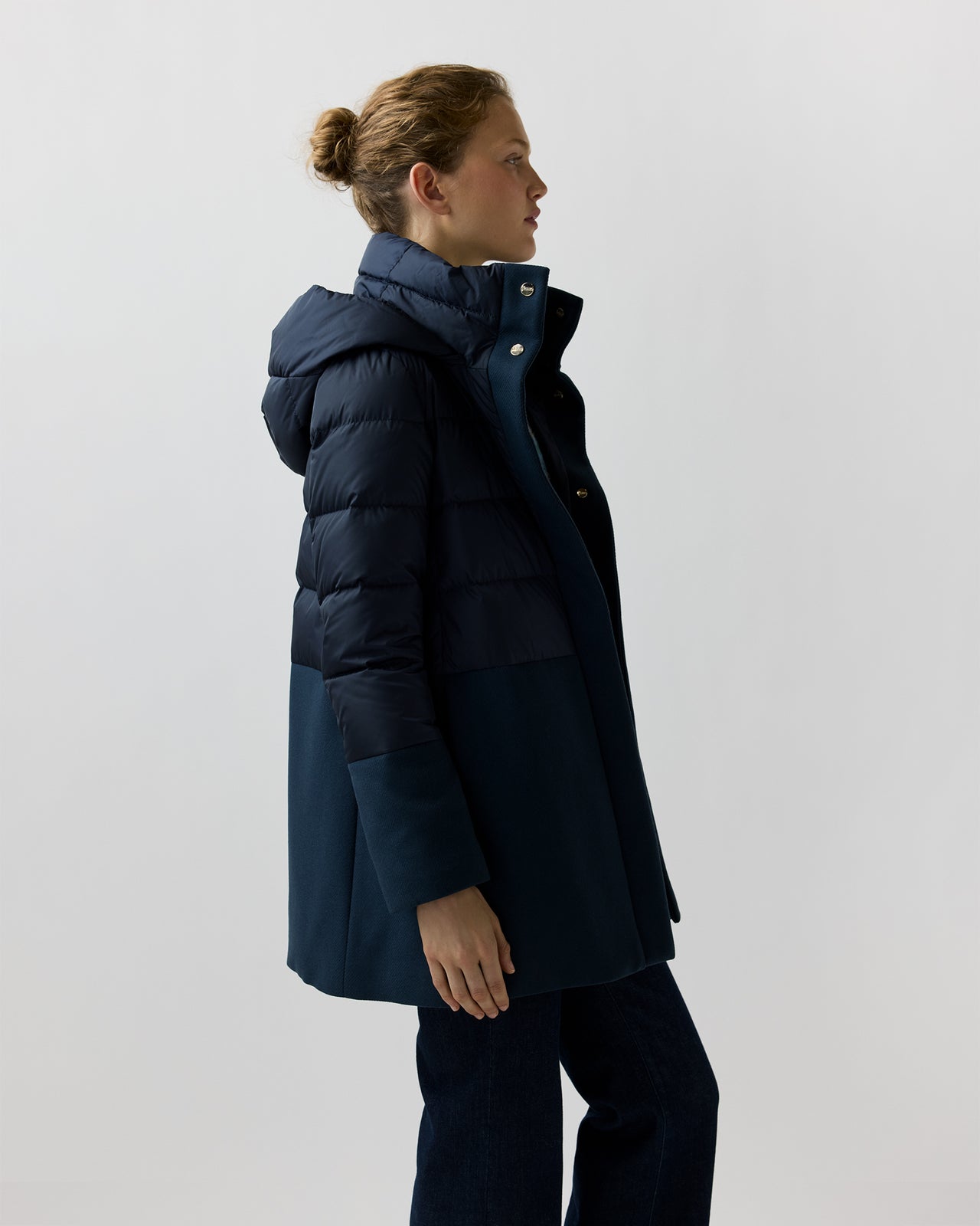 Mixed Media Long Puffer in Navy